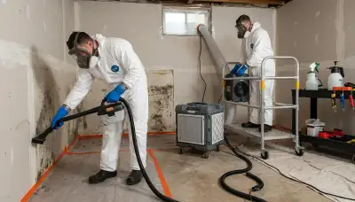 Mold removal technician inspecting water damage in Newport News, VA home
