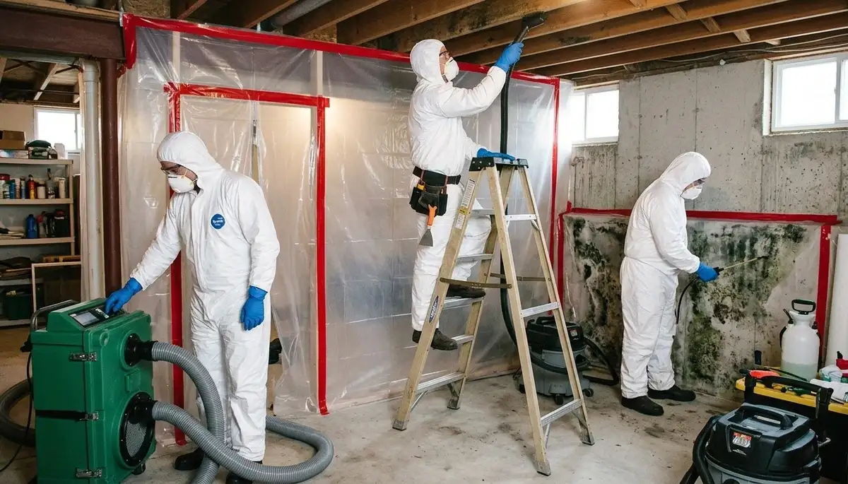 Water damage technician inspecting mold in a Newport News, VA home for removal service