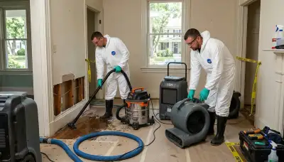 Water damage restoration team in Newport News, VA inspecting a home for water damage