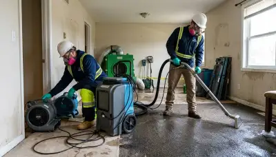 Water damage restoration crew in Newport News, VA cleaning up a flooded home after storm damage