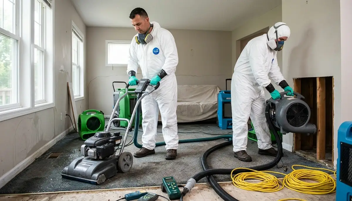 Water damage restoration team in Newport News, VA inspecting flood damage in a home