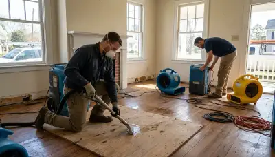 Water damage restoration team in Newport News, VA inspecting a water-damaged property