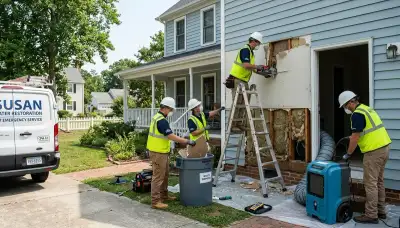 Water damage restoration team in Newport News, VA inspecting and drying a flooded property